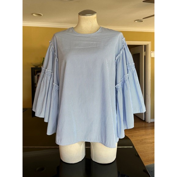 dRA Los Angeles Blue & White Striped Statement Ruffle Bell Sleeve Blouse Anthro - Picture 7 of 12